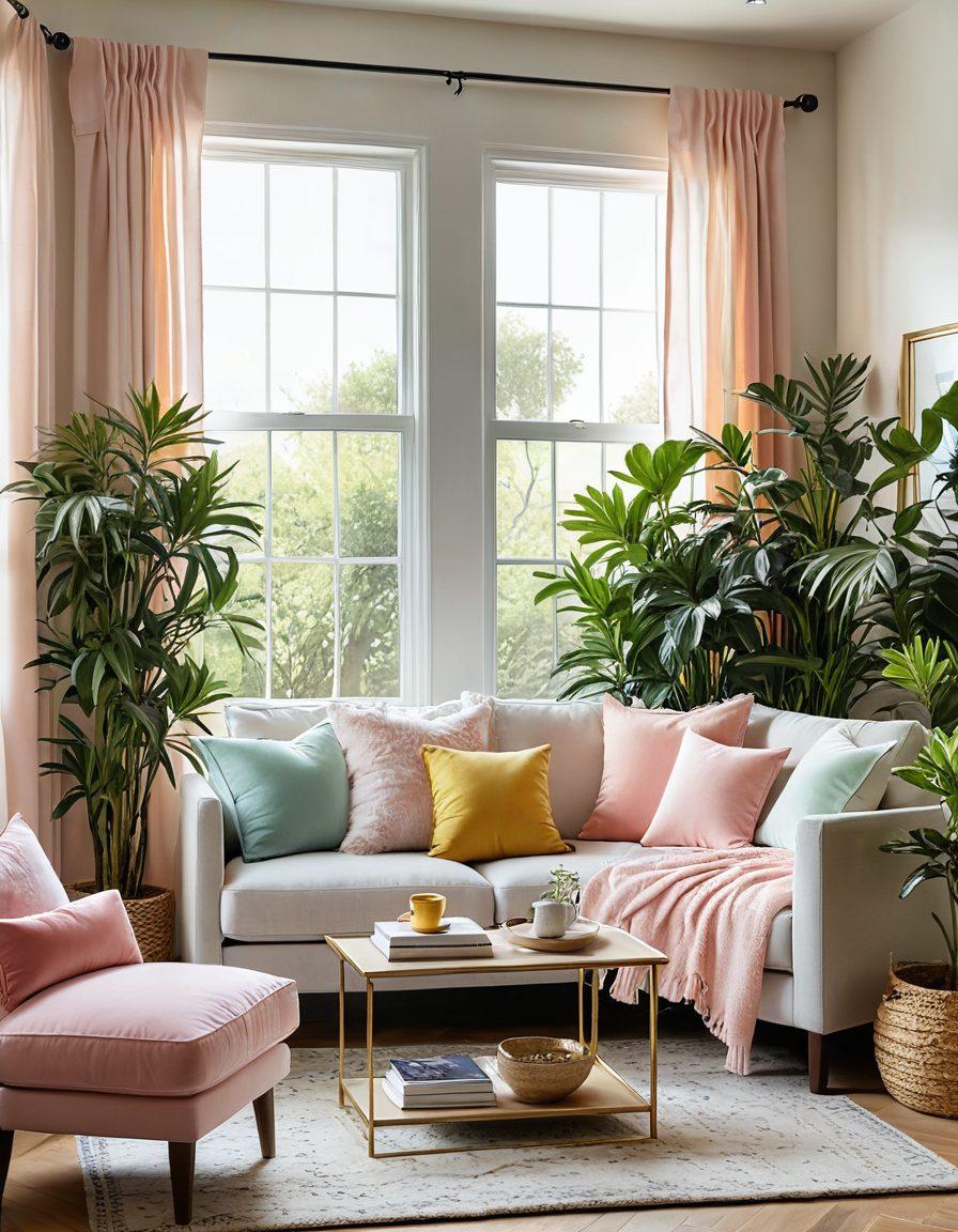 A cozy, sunlit living room featuring soft pastel colors, plush cushions, and indoor plants that create a serene atmosphere. Include a stylish, inviting reading nook with a colorful throw and a large window with sheer curtains letting in warm sunlight. Add decorative wall art and subtle lighting that enhances the joyful ambiance. super-realistic. vibrant colors. bright background.