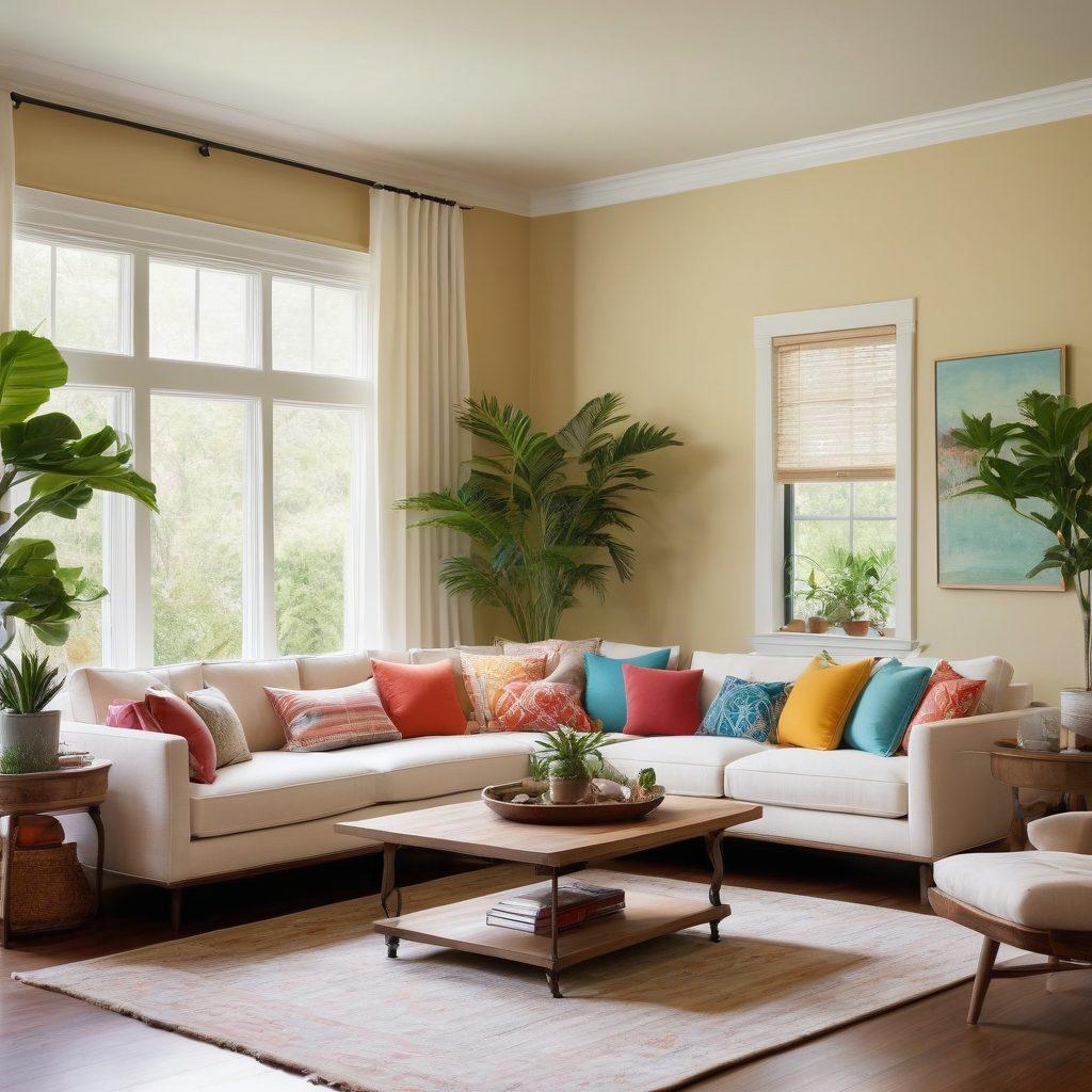 A cozy, inviting living room transformation featuring a mix of modern and rustic furniture pieces. Showcase an elegant sofa with bright, patterned cushions, a warm wooden coffee table, and lush indoor plants. Include soft, ambient lighting from stylish lamps, hinting at comfort and relaxation. The color palette should be vibrant yet soothing, highlighting a blissful retreat feel. super-realistic. vibrant colors. natural light.