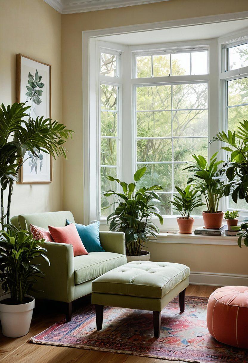 A serene domestic oasis featuring a cozy reading nook by a large window with sunlight streaming in, surrounded by vibrant houseplants and cheerful decor. Include elements like a soft armchair, colorful cushions, and a small coffee table with a steaming mug. Add subtle touches like whimsical artwork on the walls and gentle lighting for a warm ambiance. Capture the essence of happiness and comfort in a home setting. super-realistic. vibrant colors. cozy atmosphere.